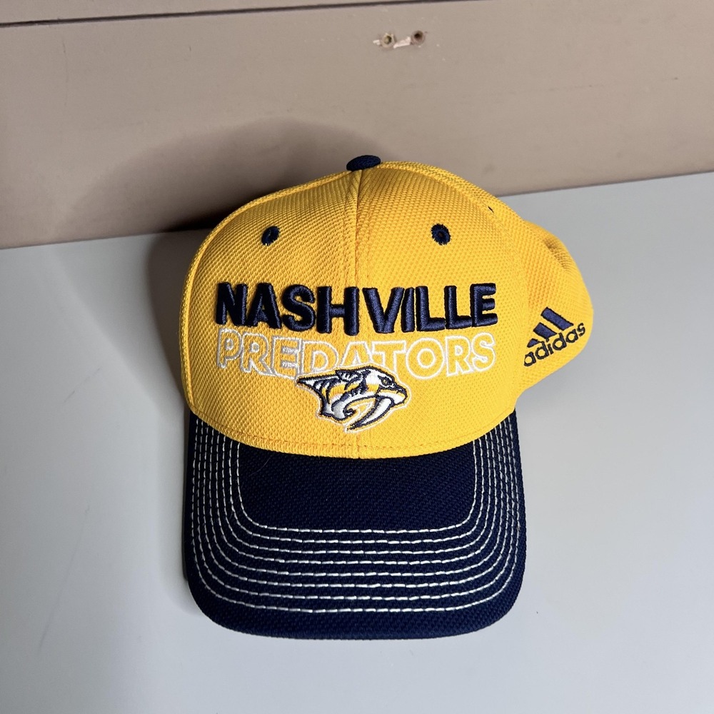 Nashville Predators Adidas Authentic NHL Pro Flex Fit Hat Gold Navy L/XL Cap